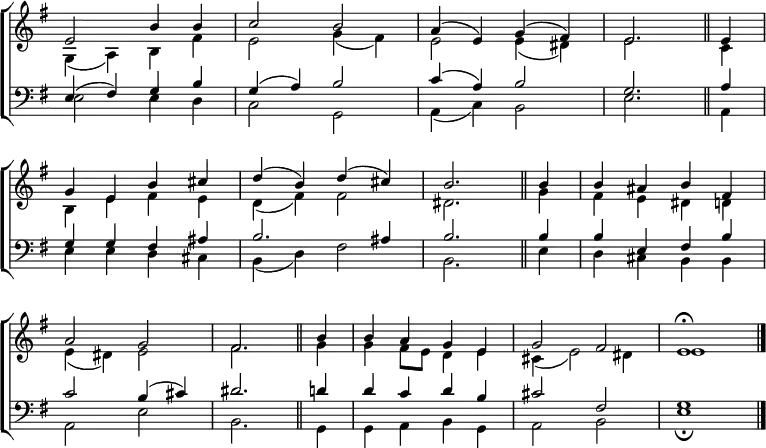 \new ChoirStaff <<
\new Staff { \clef treble \time 4/4 \key e \minor \partial 1 \set Staff.midiInstrument = "church organ" \omit Staff.TimeSignature \set Score.tempoHideNote = ##t \override Score.BarNumber #'transparent = ##t
\relative c'
<< { e2 b'4 b | c2 b | a4( e) g( fis) | e2. \bar"||" e4 \break
g e b' cis | d( b) d( cis) | b2. \bar"||" b4 | b ais b fis | \break
a2 g | fis2. \bar"||" b4 | b a g e | g2 fis | e1 \fermata \bar"|." } \\
{ g,4( a) b fis' | e2 g4( fis) | e2 e4( dis) | e2. c4 |
b e fis e | d( fis) fis2 | dis2. g4 | fis e dis d |
e( dis) e2 | fis2. g4 | g fis8 e d4 e | cis( e2) dis4 | e1 } >>
}
\new Staff { \clef bass \key e \minor \set Staff.midiInstrument = "church organ" \omit Staff.TimeSignature \override Staff.NoteHead.style = #'altdefault
\relative c
<< { e4( fis) g b | g( a) b2 | c4( a) b2 | g2. a4 |
g g fis ais | b2. ais4 | b2. b4 | b e, fis b |
c2 b4( cis) | dis2. d4 | d c d b | cis2 fis, | g1 } \\
{ e2 e4 d | c2 g | a4( c) b2 | e2. a,4 |
e' e d cis | b( d) fis2 | b,2. e4 | d cis b b |
a2 e' | b2. g4 | g a b g | a2 b | e1 \fermata } >>
}
>>
\layout { indent = #0 }
\midi { \tempo 4 = 84 }