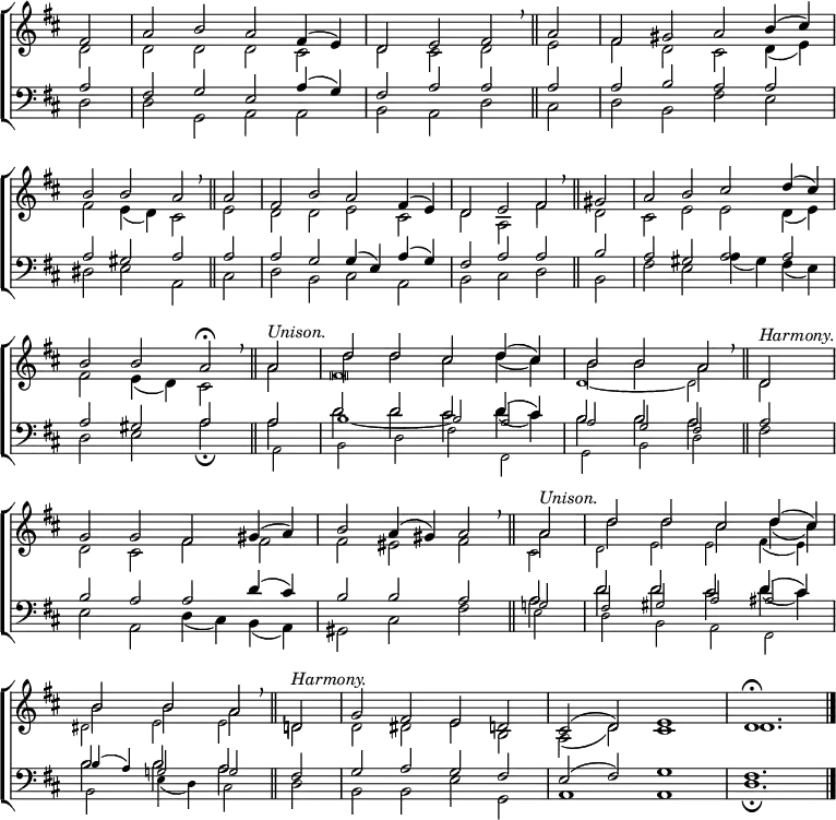 \new ChoirStaff <<
\new Staff { \clef treble \time 4/2 \key d \major \partial 2 \set Staff.midiInstrument = "church organ" \omit Staff.TimeSignature \set Score.tempoHideNote = ##t \override Score.BarNumber #'transparent = ##t
\relative c'
<< { fis2 | a b a fis4( e) | d2 e fis \breathe \bar"||" a | fis gis a b4( cis) \break
b2 b a \breathe \bar"||" a | fis b a fis4( e) | d2 e fis \breathe \bar"||" gis | a b cis d4( cis) \break
b2 b a \fermata \breathe \bar"||" a ^\markup \italic "Unison." | d d cis d4( cis) b2 b a \breathe ^\markup \italic "Harmony." \bar"||" d, | \break
g g fis gis4( a) | b2 a4( gis) a2 \breathe \bar"||" a ^\markup \italic "Unison." | d d cis d4( cis) \break
b2 b a \breathe \bar"||" ^\markup \italic "Harmony." d,! | g fis e d! | cis( d) e1 | d1. \fermata \bar"|." } \\
{ d2 | d d d cis | d cis d e | fis d cis d4( e) |
fis2 e4( d) cis2 e | d d e cis | d a fis' d | cis e e d4( e) |
fis2 e4( d) cis2 a' | d d cis d4( cis) | b2 b a d, |
d cis fis fis | fis eis fis a | d d cis d4( cis) |
b2 b a d, | d dis e b | a( d) cis1 | d1. } \\
\tiny \stemDown \override Staff.NoteHead.style = #'altdefault { s2 | s1 s1 | s1 s1 | s1 s1 |
s1 s1 | s1 s1 | s1 s1 | s1 s1 |
s1 s1 | fis \breve | d1_~ d2 s2 |
s1 s1 | s1. cis2 | d e e fis4_( e) |
dis2 e e } >>
}
\new Staff { \clef bass \key d \major \set Staff.midiInstrument = "church organ" \omit Staff.TimeSignature
\relative c'
<< { a2 | fis g e a4( g) | fis2 a a a | a b a a |
a gis a a | a g g4( e) a( g) | fis2 a a b | a gis a a |
a gis a a | d d cis d4( cis) | b2 b a a |
b a a d4( cis) | b2 b a a | d d cis d4( cis) |
b2 b a fis | g a g fis | e( fis) g1 | fis1. } \\
{ d2 | d g, a a | b a d cis | d b fis' e |
dis e a, cis | d b cis a | b cis d b | fis' e a4( gis) fis( e) |
d2 e a \fermata a | d d cis d4( cis) | b2 b a fis |
e a, d4( cis) b( a) | gis2 cis fis a | d d cis d4( cis) |
b2 b a d, | b b e g, | a1 a | d1. \fermata } \\
\tiny { s2 | s1 s1 | s1 s1 | s1 s1 |
s1 s1 | s1 s1 | s1 s1 | s1 s1 |
s1 s1 | b'_~ b2 a | a g fis s |
s1 s1 | s1 s2 g! | fis gis a ais |
b4( a) g!2 g } \\
\tiny \stemDown \override NoteColumn.force-hshift = #0.5 {s2 | s1 s1 | s1 s1 | s1 s1 |
s1 s1 | s1 s1 | s1 s1 | s1 s1 |
s1 s2 a, | b d fis fis, | g b d s |
s1 s1 | s1 s2 e | d b a fis |
b e4( d) cis2 } >>
}
>>
\layout { indent = #0 }
\midi { \tempo 2 = 56 }