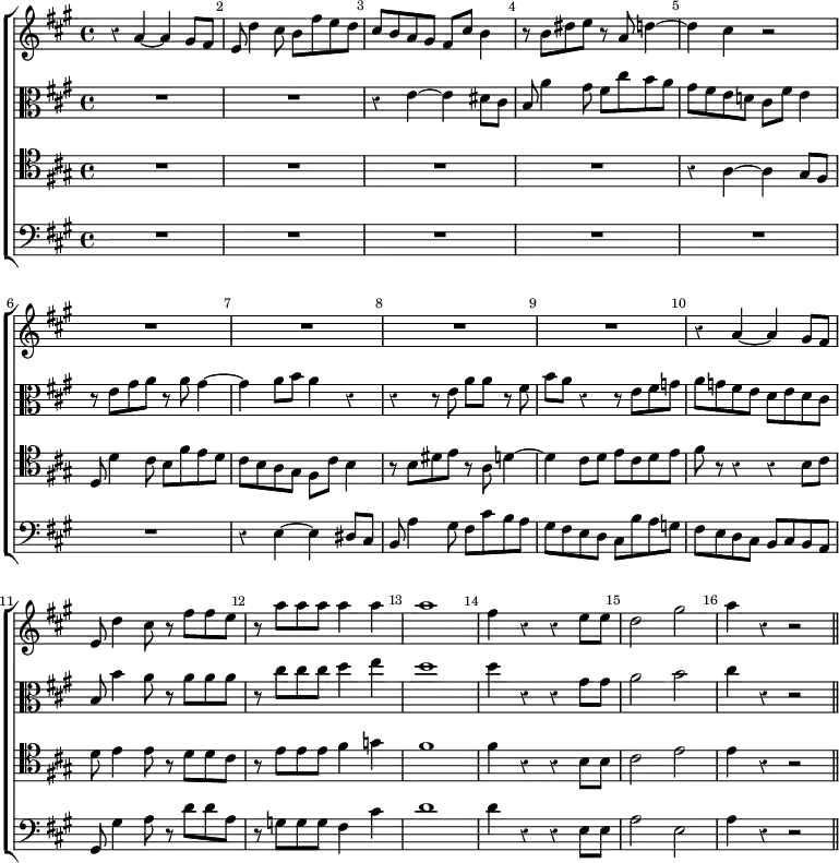 \new ChoirStaff << \override Score.Rest #'style = #'classical \override Score.BarNumber.break-visibility = ##(#f #t #t) \set Score.barNumberVisibility = #all-bar-numbers-visible
\new Staff \relative a' { \time 4/4 \key a \major \bar ""
r4 a ~ a gis8 fis | e8 d'4 cis8 b fis' e d | cis b a gis fis cis' b4
r8 b dis e r a, d4 ~ | d cis r2 | R1*4 | r4 a ~ a gis8 fis |
e d'4 cis8 r fis fis e | r a a a a4 a | a1 | fis4 r r e8 e |
d2 gis | a4 r r2 \bar "||" }
\new Staff \relative e' { \clef alto \key a \major
R1*2 r4 e ~ e dis8 cis | b a'4 gis8 fis cis' b a |
gis fis e d! cis fis e4 | r8 e gis a r a gis4 ~ |
gis a8 b a4 r | r r8 e a a r fis | b a r4 r8 e fis g |
a g fis e d e d cis | b b'4 a8 r a a a | r cis cis cis d4 e |
d1 | d4 r r gis,8 gis | a2 b | cis4 r r2 }
\new Staff \relative a { \clef tenor \key a \major
R1*4 r4 a ~ a gis8 fis | d d'4 cis8 b fis' e d |
cis b a gis fis cis' b4 | r8 b dis e r a, d4 ~ |
d cis8 d e cis d e | fis r r4 r b,8 cis | d8 e4 e8 r d d cis |
r e e e fis4 g | fis1 fis4 r r b,8 b | cis2 e | e4 r r2 }
\new Staff \relative e { \clef bass \key a \major
R1*6 r4 e ~ e dis8 cis | b a'4 gis8 fis cis' b a |
gis fis e d cis b' a g | fis e d cis b cis b a |
gis gis'4 a8 r d d a | r g g g fis4 cis' |
d1 d4 r r e,8 e | a2 e | a4 r r2 } >>