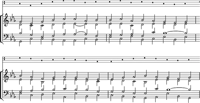 <<
\new VaticanaVoice { \set Staff.midiInstrument = "voice oohs"
b2 g b d' e' e' c' d' d' e' c' d' c' b a b \break
d' c' a b c' b a g | g b c' d' c' b a b |
}
\new ChoirStaff <<
\new Staff \relative << { \clef treble \time 8/2 \key es \major \set Staff.midiInstrument = "church organ" \omit Staff.TimeSignature \set Score.tempoHideNote = ##t \override Score.BarNumber #'transparent = ##t
\relative c''
g2 es' g bes c c aes bes | bes c aes bes aes g f g |
bes aes f g aes g f es | es g aes bes aes g f g | } \\
{ d c c d es es ~ es d | es es c d es es d es |
es es bes es es es d c | es d c bes es es d d | }
>>
\new Staff \relative << { \clef bass \key es \major \set Staff.midiInstrument = "church organ" \omit Staff.TimeSignature
\relative c'
bes2 g es f aes aes ~ aes f | g g aes f c' bes1 ~ bes2 |
g aes bes bes c bes bes g | g g es es c' bes1 ~ bes2 | } \\
{ g,2 c c bes aes aes c bes | es c f bes, c es bes es |
es c d es aes, es' bes c | c bes aes g aes es' bes g | }
>>
>>
>>
\layout { indent = #0 }
\midi { \tempo 2 = 69 }