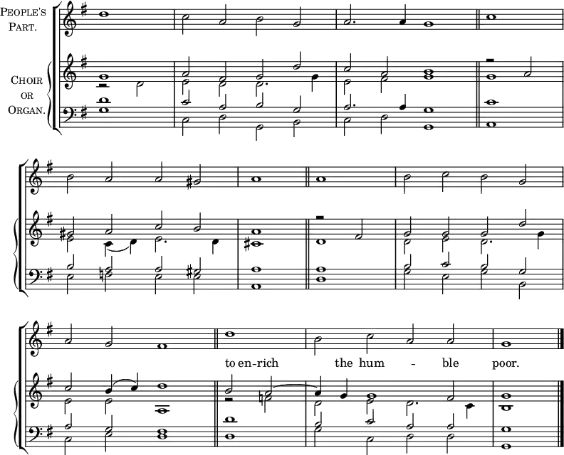 \new ChoirStaff <<
\new Staff \with {
instrumentName = \markup {
\center-column { \smallCaps "People's"
\line { \smallCaps "Part." }
}
}
} {
\clef treble
\time 4/2
\partial 1
\key g \major
\set Staff.midiInstrument = "choir aahs"
\omit Staff.TimeSignature
\set Score.tempoHideNote = ##t
\override Score.BarNumber #'transparent = ##t
\relative c''
{ d1 | c2 a b g | a2. a4 g1 \bar"||" \time 2/2 c1 \break
\time 4/2 b2 a a gis | a1 \bar"||" a | b2 c b g \break
a g fis1 \bar"||" \time 2/2 d' | \time 4/2 b2 c a a | g1 \bar"|."}
}
\new PianoStaff \with {
instrumentName = \markup {
\center-column { \smallCaps "Choir"
\line { \smallCaps "or" }
\line { \smallCaps "Organ." }
}
}
} <<
\new Staff = "staff" {
\clef treble
\key g \major
\set Staff.midiInstrument = "church organ"
\omit Staff.TimeSignature
\relative c''
<< { g1 | a2 fis g d' | c a b1 | r2 a |
gis a c b | a1 r2 fis | g g g d' |
c b4( c) d1 | b2 a ~ | a4 g g1 fis2 | g1 }
\new Lyrics \with { alignAboveContext = "staff" } {
\lyricmode { _ _ _ _ _ _ _ _ _ _ _ _ _ _
to4 en4 -- rich2. the4 hum1 -- ble2 poor.1
}
}
\\
{ r2 d2 | e d d2. g4 | e2 fis g1 | g |
e2 c4( d) e2. d4 | cis1 d | d2 e d2. g4 |
e2 e a,1 | r2 f' | d e d2. c4 | b1 } >>
}
\new Staff {
\clef bass
\key g \major
\set Staff.midiInstrument = "church organ"
\omit Staff.TimeSignature
\relative c'
<< { d1 | c2 a b g | a2. a4 g1 | c |
b2 a a gis | a1 a | b2 c b g |
a g fis1 | d'1 | b2 c a a | g1 } \\
{ g1 | c,2 d g, b | c d g,1 | a |
e'2 f e e | a,1 d | g2 e g b, |
c e d1 | d | g2 c, d d | g,1 } >>
}
>> >>
\layout { indent = #12 }
\midi { \tempo 2 = 69 }