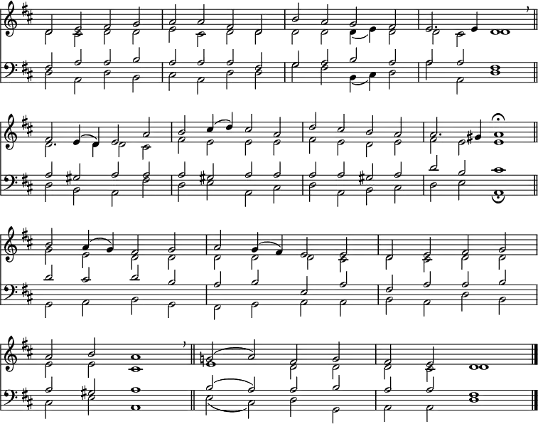 << <<
\new Staff { \clef treble \time 4/2 \key d \major \set Staff.midiInstrument = "church organ" \omit Staff.TimeSignature \set Score.tempoHideNote = ##t \override Score.BarNumber #'transparent = ##t
\relative c'
<< { d2 e fis g | a a fis d | b' a g fis | e2. 4 d1 \breathe \bar"||" \break
fis2 e4( d) e2 a | b cis4( d) cis2 a | d cis b a | a2. gis4 a1 \fermata \bar"||" \break
b2 a4( g) fis2 g | a g4( fis) e2 e | d e fis g \break
a b a1 \breathe \bar"||" g!2( a) fis g | fis e d1 \bar"|." } \\
{ d2 cis d d | e cis d d | d d d4( e) d2 | d cis d1
d2. 4 2 cis | fis e e e | fis e d e | fis e e1
g2 e d d | d d d cis | d cis d d
e e cis1 | e d2 d | d cis d1 } >>
}
\new Staff { \clef bass \key d \major \set Staff.midiInstrument = "church organ" \omit Staff.TimeSignature
\relative c
<< { fis2 a a b | a a a fis | g a b a | a a fis1
a2 gis a a | a gis a a | a a gis a | d b cis1
d2 cis d b | a b e, a | fis a a b
a gis a1 | b2( a) a b | a a fis1 } \\
{ d2 a d b | cis a d d | g fis b,4( cis) d2 | a' a, d1
d2 b a fis' | d e a, cis | d a b cis | d e a,1 \fermata
g2 a b g | fis g a a | b a d b
cis e a,1 | e'2( cis) d g, | a a d1 } >>
}
>> >>
\layout { indent = #0 }
\midi { \tempo 2 = 66 }