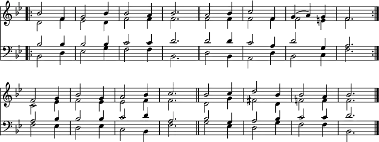 
<< <<
\new Staff { \clef treble \time 3/4 \key bes \major \set Staff.midiInstrument = "church organ" \omit Staff.TimeSignature \set Score.tempoHideNote = ##t \override Score.BarNumber  #'transparent = ##t
  \relative c'' 
  \repeat volta 2 { << { \bar ".|:" bes2 f4 | g2 bes4 | bes2 a4 | bes2. \bar"||" | a2 bes4 | c2 f,4 | g4( a) g | f2. \break } \\
  { d2 f4 | es2 d4 | f2 f4 | f2. | f2 f4 | f2 f4 | f2 e4 | f2. } >> }
  \relative c' {
  << { f2 g4 | bes2 g4 | a2 bes4 | c2. \bar"||" | bes2 c4 | d2 bes4 | bes2 a4 | bes2. \bar"|." } \\
  { c,2 es4 | f2 es4 | es2 f4 | f2. | d2 g4 | fis2 d4 | f!2 f4 | f2. } >> }
}
\new Staff { \clef bass \key bes \major \set Staff.midiInstrument = "church organ" \omit Staff.TimeSignature
  \relative c'
  \repeat volta 2 { << { bes2 bes4 | bes2 bes4 | c2 c4 | d2. | d2 d4 | c2 a4 | d2 g,4 | a2. } \\
  { bes,2 d4 | es2 g4 | f2 f4 | bes,2. | d2 bes4 | a2 d4 | bes2 c4 | f2. } >> }
  \relative c' {
  << { a2 bes4 | bes2 bes4 | c2 d4 | a2. | bes2 g4 | a2 bes4 | c2 c4 | d2. } \\
  { f,2 es4 | d2 es4 | c2 bes4 | f'2. | g2 es4 | d2 g4 | f2 f4 | bes,2. } >> }
}
>> >>
\layout { indent = #0 }
\midi { \tempo 4 = 120 }
