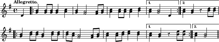 { \relative d' { \key g \major \time 4/4 \tempo "Allegretto." \partial 4 \override Score.Rest #'style = #'classical \override Score.BarNumber #'break-visibility = #'#(#f #f #f)
d4 \repeat volta 2 {
<g b>4 q8 q q4 <a c> | <b g> <a fis>2 q8 <g b> | %eol1
<c a>4 q8 q q4 <d b>4 }
\alternative {
{ <c a>4 <b g>2 d,4 }
{ <a' c>4 <g b> r <b d>8 q } }
\repeat volta 2 {
<b g>4 <b d>8 q <b g>4 <b d>8 q | q <c a> <a fis>2 q8 <b g> |
<c a>4 q8 <d b> <e c>4 <d b> }
\alternative {
{ <c a>4 <b g> r <e b>8 q }
{ <c a>4 <b g>2 \bar "||" } } } }