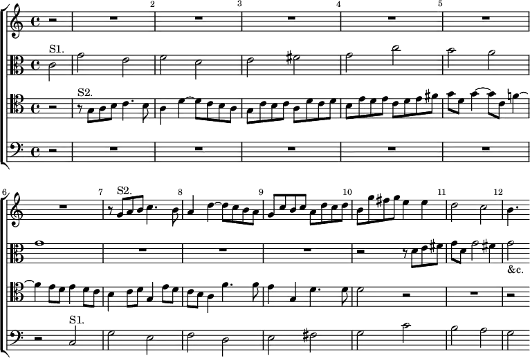 \new ChoirStaff << \override Score.BarNumber.break-visibility = ##(#f #t #t) \set Score.barNumberVisibility = #all-bar-numbers-visible
\new Staff \relative g' { \key c \major \time 4/4 \partial 2
r2 R1*6 r8 g^"S2." a b c4. b8 | a4 d ~ d8 c b a |
g c b c a d c d | b g' fis g e4 e | d2 c | b4. s8 }
\new Staff \relative c' { \clef alto \key c \major
c2^"S1." g' e f d | e fis g c | b a g1 R1*2
R1 r2 r8 d e fis | g d g2 fis4 | g2_"&c." }
\new Staff \relative g { \clef tenor \key c \major
r2 r8^"S2." g a b c4. b8 | a4 d ~ d8 c b a |
g c b c a d c d | b e d e c d e fis | g d g4 ~ g8 c, f!4 ~ |
f e8 d e4 d8 c | b4 c8 d g,4 e'8 d | c b a4 f'4. f8 |
e4 g, d'4. d8 | d2 r R1 r2 }
\new Staff \relative c { \clef bass \key c \major
r2 R1*5 r2 c^"S1." g' e f d | e fis g c b a g } >>
