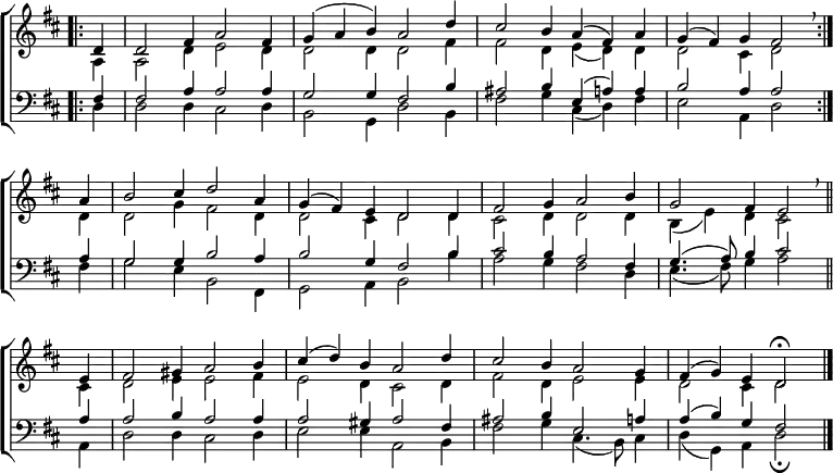 \new ChoirStaff <<
\new Staff { \clef treble \time 6/4 \key d \major \partial 4 \set Staff.midiInstrument = "church organ" \omit Staff.TimeSignature \set Score.tempoHideNote = ##t \override Score.BarNumber #'transparent = ##t
\relative c'
<< { \bar".|:" d4 | d2 fis4 a2 fis4 | g( a b) a2 d4 | cis2 b4 a( fis) a | g( fis) g fis2 \breathe \bar":|." \break
a4 | b2 cis4 d2 a4 | g( fis) e d2 d4 | fis2 g4 a2 b4 | g2 fis4 e2 \breathe \bar"||" \break
e4 | fis2 gis4 a2 b4 | cis( d) b a2 d4 | cis2 b4 a2 g4 | fis( g) e d2\fermata \bar"|."} \\
{ a4 | a2 d4 e2 d4 | d2 d4 d2 fis4 | fis2 d4 e( d) d | d2 cis4 d2
d4 | d2 g4 fis2 d4 | d2 cis4 d2 d4 | cis2 d4 d2 d4 | b( e) d cis2
cis4 | d2 e4 e2 fis4 | e2 d4 cis2 d4 | fis2 d4 e2 e4 | d2 cis4 d2 } >>
}
\new Staff { \clef bass \key d \major \set Staff.midiInstrument = "church organ" \omit Staff.TimeSignature
\relative c
<< { fis4 | fis2 a4 a2 a4 | g2 g4 fis2 b4 | ais2 b4 e,( a) a | b2 a4 a2
a4 | g2 g4 b2 a4 | b2 g4 fis2 b4 | cis2 b4 a2 fis4 | g4.( a8) b4 cis2
a4 | a2 b4 a2 a4 | a2 gis4 a2 fis4 | ais2 b4 e,2 a4 | a( b) g fis2 } \\
{ d4 | d2 d4 cis2 d4 | b2 g4 d'2 b4 | fis'2 g4 cis,( d) fis | e2 a,4 d2
fis4 | g2 e4 b2 fis4 | g2 a4 b2 b'4 | a2 g4 fis2 d4 | e4.( fis8) g4 a2
a,4 | d2 d4 cis2 d4 | e2 e4 a,2 b4 | fis'2 g4 cis,4.( b8) cis4 | d( g,) a d2\fermata } >>
}
>>
\layout { indent = #0 }
\midi { \tempo 4 = 120 }