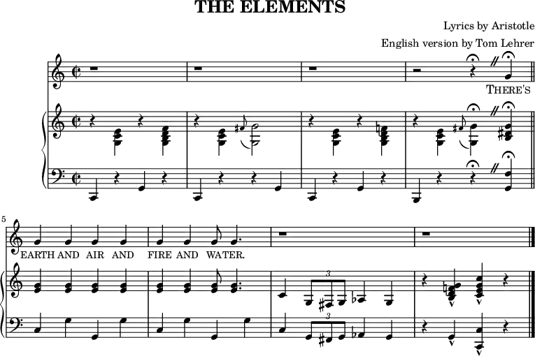 
\header {
  title = "THE ELEMENTS"
  composer = "Lyrics by Aristotle"
  arranger = "English version by Tom Lehrer"
  tagline = "" % no footer
}
\score { { <<
{ \new Staff <<
      \relative c'' {
        \language "english"
        \time 2/2
        \set Score.tempoHideNote = ##t \tempo 4 = 260
        \set Staff.midiInstrument = #"lead 6 (voice)"
        \override BreathingSign.text = \markup {
          \musicglyph "scripts.caesura.straight"
        }
        r1 |
        r |
        r |
        r2 r4 \fermata \breathe g \fermata \bar "||"
        g g g g |
        g g g8 g4. |
        r1 |
        r1 \bar "|."
      }
      \addlyrics {
        \markup{\caps There's} \markup{\caps earth} \markup{\caps and} \markup{\caps air} \markup{\caps and} \markup{\caps fire} \markup{\caps and} \markup{\caps wa} -- \markup{\caps ter.}
      }
  { \new PianoStaff <<
    { \new Staff <<
      \relative c' {
        \language "english"
        \set Staff.midiInstrument = "piano"
        \override BreathingSign.text = \markup {
          \musicglyph "scripts.caesura.straight"
        }
        r4 \stemDown <e c g> r <f d b g> |
        r <e c g> \grace{fs8( } <g g,>2) |
        r4 <e c g> r <f! d b g> |
        r <e c g> \grace{fs8( } <g g,>4) \fermata \breathe \stemUp <g ds b> \fermata ||
        <g e> <g e> <g e> <g e> |
        <g e> <g e> <g e>8 <g e>4. |
        c,4 \times 2/3 {g8 fs g} af4 g |
        r <g' f! d b>-^ <c g e c>-^ r ||
      }
    >> }
    { \new Staff <<
      \relative c {
        \language "english"
        \set Staff.midiInstrument = "piano"
        \clef bass
        \override BreathingSign.text = \markup {
          \musicglyph "scripts.caesura.straight"
        }
        c,4 r g' r |
        c, r r g' |
        c, r g' r |
        b, r r \fermata \breathe <g' f'> \fermata ||
        c g' g, g' |
        c, g' g, g' |
        c, \times 2/3 {g8 fs g} af4 g |
        r g-^ <c, c'>-^ r ||
      }
    >> }
  >> }
>> }
>> }
\layout { }
\midi { }
}
