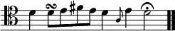 \relative c' { \override Score.TimeSignature #'stencil = ##f \time 7/4 \clef tenor d d8^\turn[e fis e] d4 \grace a8 e'4 d2\fermata \bar ".." }