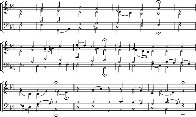 \new ChoirStaff <<
\new Staff { \clef treble \time 4/2 \key es \major \partial 2 \set Staff.midiInstrument = "church organ" \omit Staff.TimeSignature \set Score.tempoHideNote = ##t \override Score.BarNumber #'transparent = ##t
\relative c'
<< { es2 | g bes bes g | es f g \fermata \bar"||" es | \break
bes' bes c d | es4( d) c2 bes \fermata \bar"||" bes | g bes c bes \break
aes g f \fermata \bar"||" bes | g4( aes) bes2 aes g4( f) | es2 f es \fermata \bar"|."} \\
{ bes2 | es es d d | d4( c) bes2 bes bes |
es f g4( a) bes2 | bes2. a4 f2 f | f4( es8 d) es2 es es |
f4( bes,) bes( es) es( d) \fermata f2 | es es es d | c4 es2( d4) es2 } >>
}
\new Staff { \clef bass \key es \major \set Staff.midiInstrument = "church organ" \omit Staff.TimeSignature
\relative c'
<< { g2 | bes bes f g | g f es g |
g bes es d | g c, d bes | bes bes bes4( aes) aes( g) |
f2 g4.( aes8) bes2 bes | bes bes c bes4( aes) | g2 bes4.( aes8) g2 } \\
{ es2 | es g,4( aes) bes2 b | c d es \fermata es |
es2. d4 c2 g'4( f) | es2 f bes, \fermata d | es g4( es) c2 es |
es4( d) es2 bes \fermata d | es g, aes bes | c bes es \fermata } \\
{s2 s1 s1 s1 s1 s1 s1 \tiny g2 } >>
}
>>
\layout { indent = #0 }
\midi { \tempo 2 = 46 }