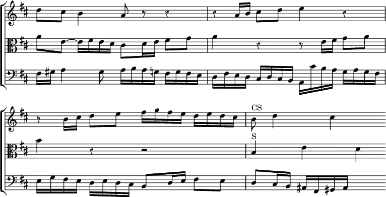 \new ChoirStaff << \override Score.BarNumber #'break-visibility = #'#(#f #f #f) \override Score.TimeSignature #'stencil = ##f \override Score.Rest #'style = #'classical
\new Staff \relative d'' { \key d \major \time 4/4
d8 cis b4 a8 r r4 | r4*1/2 a16 b cis8 d e4 r |
r8 b16 cis d8 e fis16 g fis e d e d cis | b8^"CS" d4 cis s8 }
\new Staff \relative a' { \clef alto \key d \major
a8 e ~ e16 fis e d cis8 d16 e fis8 g | a4 r r8 e16 fis g8 a |
b4 r r2 | b,4^"S" e d }
\new Staff \relative f { \clef bass \key d \major
fis16 gis a4 gis8 a16 b a g fis g fis e |
d fis e d cis d cis b a cis' b a g a g fis |
e g fis e d e d cis b8 d16 e fis8 e |
d8 cis16 b ais fis gis ais s4 } >>