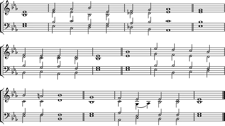 \new ChoirStaff <<
\new Staff { \clef treble \time 4/2 \key es \major \partial 1 \set Staff.midiInstrument = "church organ" \omit Staff.TimeSignature \set Score.tempoHideNote = ##t \override Score.BarNumber #'transparent = ##t
\relative c'
<< { es1 | g2 aes bes es, | f g aes1 \bar"||" \time 2/2 g1 \break
\time 4/2 f2 es es d | es1 \bar"||" bes' | es2 d c bes \break
bes a bes1 \bar"||" \time 2/2 g1 | \time 4/2 f2 es es d | es1 \bar"|."} \\
{ bes1 | es2 es bes bes | des des es1 | es |
d2 c c bes | bes1 es | g2 f es d |
c c d1 | bes | c2 g4( aes) bes2 bes | bes1 } >>
}
\new Staff { \clef bass \key es \major \set Staff.midiInstrument = "church organ" \omit Staff.TimeSignature
\relative c'
<< { g1 | bes2 c f, g | aes bes c1 | bes |
bes2 g aes f | g1 g | bes2 bes g f |
g f f1 | g | aes2 es f f | g1 } \\
{ es1 | es2 c d es | des bes aes1 | es' |
bes2 c aes bes | es1 es | es2 bes c d |
es f bes,1 | es | aes,2 c bes bes | es1 } >>
}
>>
\layout { indent = #0 }
\midi { \tempo 2 = 66 }