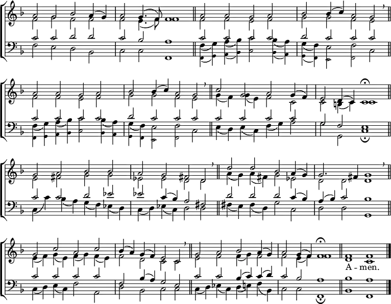 \new ChoirStaff <<
\new Staff { \clef treble \time 4/2 \key f \major \set Staff.midiInstrument = "church organ" \omit Staff.TimeSignature \set Score.tempoHideNote = ##t \override Score.BarNumber #'transparent = ##t
\relative c''
<< { a2 g bes a4( g) | a2 g4.( f8) f1 |\bar"||" a2 a g a | bes bes4( c) a2 g \breathe \bar"||" \break
a a g a | bes bes4( c) a2 g \breathe \bar"||" c g a g4( f) | e2 d4( c) c1 \fermata \bar"||" \break
g'2 a bes bes | a g fis d \breathe \bar"||" d' d bes a4( g) | g2. fis4 g1 \breathe \bar"||" \break
g2 c a c | bes4( a) g( f) e2 c \breathe \bar"||" g' a bes a4( g) | a2 g4( f) f1 \fermata \bar"||"
f f \bar"|." } \\
{ f2 g f f | f e4.( f8) f1 | f2 f e f | g g f e |
f f e f | g g f e | g4( f) g( e) f2 c | c b4( c) c1 |
e2 fis g g | es es d d | a'4( g) a( fis) g2 es | d d d1 |
e4( f) g( e) f( g) f( e) | f2 d c c | e f f4( g) f2 | f e4( f) f1
d c } >>
}
\addlyrics { _ _ _ _ _ _ _ _ _ _ _ _ _ _ _ _
_ _ _ _ _ _ _ _ _ _ _ _ _ _ _ _
_ _ _ _ _ _ _ _ _ _ _ _ _ _ _ _
_ _ _ _ _ _ _ _ _ _ _ _ _ _ _ _
_ _ _ _ _ _ _ _ _ _ _ _ _ _ _ _ _ A -- men.}
\new Staff { \clef bass \key f \major \set Staff.midiInstrument = "church organ" \omit Staff.TimeSignature \override Staff.NoteHead.style = #'altdefault
\relative c'
<< { c2 c d d | c bes a1 | c2 c c c | d c c c |
c c c c | d c c c | c c c c | g f e1 |
c'2 c d es | es c4( bes) a2 fis | d' d d c4( bes) | a( bes) c2 bes1 |
c2 c c c | f, bes4( a) g2 e | c' c bes4( c) c( d) | c2 bes a1 |
bes a } \\
{ f2 e d bes | c c f,1 | f'4( g) a(bes) c2 bes4( a) | g( f) e2 f c |
f4( g) a( bes) c2 bes4( a) | g( f) e2 f c | e4( d) e( c) f( g) a2 | g g, c1 \fermata
c4( c') bes( a) g( f) es( d) | c( d) es( c) d2 d | fis4( e) fis( d) g2 c, | d d g,1 |
c4( d) e( c) f2 a, | d bes c c | c4( d) es( c) d( e) f( bes,) | c2 c f,1 \fermata
bes f } \\
\tiny \shiftOff \stemDown { s1 s | s s | f4_( g) a_( bes) c2 bes4_( a) | g_( f) e2 f s |
f4 g a bes c2 bes4 a | g f e2 f s } >>
}
>>
\layout { indent = #0 }
\midi { \tempo 2 = 46 }