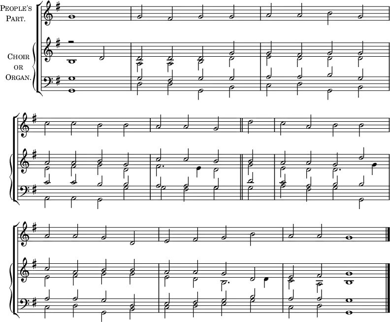 \new ChoirStaff <<
\new Staff \with {
instrumentName = \markup {
\center-column { \smallCaps "People's"
\line { \smallCaps "Part." }
}
}
} {
\clef treble
\time 4/2
\key g \major
\partial 1
\set Staff.midiInstrument = "choir aahs"
\omit Staff.TimeSignature
\set Score.tempoHideNote = ##t
\override Score.BarNumber #'transparent = ##t
\relative c''
{ g1 | g2 fis g g | a a b g \break
c c b b | a a g \bar"||" d' | c a b b \break
a a g d | e fis g b | a a g1 \bar"|."}
}
\new PianoStaff \with {
instrumentName = \markup {
\center-column { \smallCaps "Choir"
\line { \smallCaps "or" }
\line { \smallCaps "Organ." }
}
}
} <<
\new Staff = "staff" {
\clef treble
\key g \major
\set Staff.midiInstrument = "church organ"
\omit Staff.TimeSignature
\relative c'
<< { r2 d2 | d d d g | g fis g g
a a b g | c c b b | a a g d'
c a b b | a a g d | e fis g1 }
\\
{ b,1 | a2 a b d | e d d d
e fis g d | fis2. e4 d2 g | e d d2. g4
e2 fis g g | e d b2. d4 | c2 a b1 } >>
}
\new Staff {
\clef bass
\key g \major
\set Staff.midiInstrument = "church organ"
\omit Staff.TimeSignature
\relative c'
<< { g1 | g2 fis g g | a a b g
c c b b | a a g d' | c a b b
a a g d | e fis g b | a a g1 } \\
{ g,1 | d'2 d g, b | c d g, b
a a g g' | g fis g g | a fis g g,
c d g, b | c d e g | c, d g,1 } >>
}
>> >>
\layout { indent = #12 }
\midi { \tempo 2 = 52 }