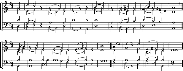\new ChoirStaff <<
\new Staff { \clef treble \time 3/2 \key d \major \partial 2 \set Staff.midiInstrument = "church organ" \omit Staff.TimeSignature \set Score.tempoHideNote = ##t \override Score.BarNumber #'transparent = ##t
\relative c''
<< { a2 | d( cis) b | a2.( g4) fis2 | g( a) b | b( a) \breathe \bar"||" a | a( gis) a | fis4( b) a2 gis | a1 \breathe \bar"||" \break
e4( a) | a2( g) fis | fis( e) d | e4.( fis8 g2) fis | b1 \breathe \bar"||" a4( d) | d2( cis) d | e,4( g fis2) e | d1 \bar"|." } \\
{ fis2 | d( e) fis | e( cis) d | d( fis) g | g( fis) e | e( d ) e | fis( e) e4( d) | cis1
cis4( fis) | fis2( e) d | d( cis) d | cis( e) d | d1 d2 | g1 fis2 | b,4( e) d2 cis | d1 } >>
}
\new Staff { \clef bass \key d \major \set Staff.midiInstrument = "church organ" \omit Staff.TimeSignature \override Staff.NoteHead.style = #'altdefault
\relative c'
<< { d2 | a( g) fis | a1 a2 | d1 d2 | d1 a2 | a( b) cis | d( cis) b | a1
a2 | a1 a2 | a1 a2 | g( a) a | g1 a2 | a1 a2 | b( a) a | fis1 } \\
{ d2 | fis( e) d | cis( a) d | b( a) g | d'1 cis2 | cis( b) a | d e1 | a,1
a2 | a1 d4( a') a2( g) fis | e( cis) d | g1 fis2 | e( a,) d | g( a) a, | d1 } >>
}
>>
\layout { indent = #0 }
\midi { \tempo 2 = 80 }