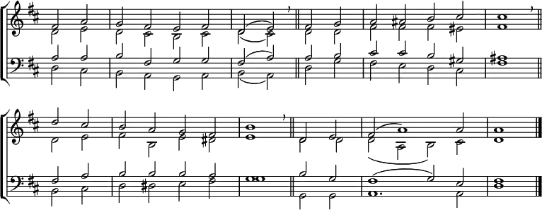 \new ChoirStaff <<
\new Staff { \clef treble \time 4/2 \key d \major \partial 1 \set Staff.midiInstrument = "church organ" \omit Staff.TimeSignature \set Score.tempoHideNote = ##t \override Score.BarNumber #'transparent = ##t
\relative c'
<< { fis2 a | g fis e fis | d( e) \breathe \bar"||"
fis g | a ais b cis | cis1 \breathe \bar"||" \break
d2 cis | b a g fis | b1 \breathe \bar"||"
d,2 e | fis( a1) 2 | 1 \bar"|." } \\
{ d,2 e | d cis b cis | d( cis) d d | fis fis fis eis | fis1
d2 e | fis b, e dis | e1 d2 d | d( a b) cis | d1 } >>
}
\new Staff { \clef bass \key d \major \set Staff.midiInstrument = "church organ" \omit Staff.TimeSignature
\relative c'
<< { a2 a | b fis g g | fis( a) a b | cis cis b gis | ais1
fis2 ais | b b b a | g1 b2 g | fis1( g2) e | fis1 } \\
{ d2 cis | b a g a | b( a) d g | fis e d cis | fis1
b,2 cis | d dis e fis | g1 g,2 g | a1. 2 | d1 } >>
}
>>
\layout { indent = #0 }
\midi { \tempo 2 = 76 }