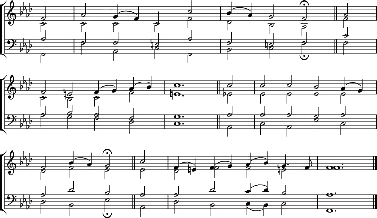 \new ChoirStaff <<
\new Staff { \clef treble \time 4/2 \partial 2 \key f \minor \set Staff.midiInstrument = "church organ" \omit Staff.TimeSignature \set Score.tempoHideNote = ##t \override Score.BarNumber #'transparent = ##t
\relative c'
<< { f2 | aes g4( f) c2 c' | bes4( aes) g2 f \fermata \bar"||" aes \break
f e f4( g) aes( bes) | c1. \bar"||" c2 | c c bes aes4( g) | \break
f2 bes4( aes) g2 \fermata \bar"||" c | f,4( e) f( g) aes( bes) g4. f8 | f1. \bar"|."} \\
{ c2 | c c c f | des bes aes f'
c bes c f | e1. es2 | es es es es |
des f es es | des f f e! | f1. } >>
}
\new Staff { \clef bass \key f \minor \set Staff.midiInstrument = "church organ" \omit Staff.TimeSignature
\relative c'
<< { aes2 | f f e aes | f e f c' |
aes bes aes f | g1. aes2| aes aes g aes |
aes des bes aes | aes des c4( des) bes2 | aes1.} \\
{ f,2 | f' aes, c f, | bes c f \fermata f |
aes g f des | c1. aes2 | c aes es' c |
des bes es \fermata aes, | des bes c4( bes) c2 | f,1. } >>
}
>>
\layout { indent = #0 }
\midi { \tempo 2 = 58 }