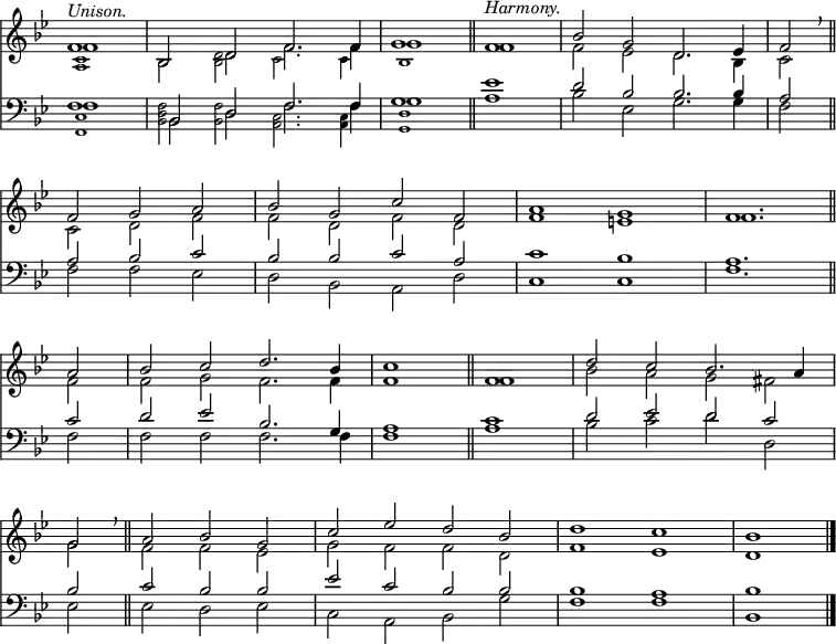 << <<
\new Staff { \clef treble \time 4/2 \key bes \major \partial 1 \set Staff.midiInstrument = "church organ" \omit Staff.TimeSignature \set Score.tempoHideNote = ##t \override Score.BarNumber #'transparent = ##t
\relative c'
<< { ^\markup \italic "Unison." f1 | bes,2 d f2. 4 | g1 \bar"||"
^\markup \italic "Harmony." f | bes2 g d2. es4 | f2 \breathe \bar"||" \break
f g a | bes g c f, | a1 g | f1. \bar"||" \break
a2 | bes c d2. bes4 | c1 \bar"||" f, | d'2 c bes2. a4 \break
g2 \breathe \bar"||" a bes g | c es d bes | d1 c | bes \bar"|." } \\
{ f1 | bes,2 d f2. 4 | g1 f | f2 es d2. bes4 | c2
c d f | f d f d | f1 e | f1.
f2 | f g f2. 4 | 1 1 | bes2 a g fis
g f f es | g f f d | f1 es | d } \\
\tiny \stemDown { <c a>1 | s2 <bes d> c2. 4 | bes1 } >>
}
\new Staff { \clef bass \key bes \major \set Staff.midiInstrument = "church organ" \omit Staff.TimeSignature
\relative c
<< { f1 | bes,2 d f2. 4 | g1 es' | d2 bes bes2. 4 | a2
a bes c | bes bes c a | c1 bes | a1.
c2 | d es bes2. g4 | a1 c | d2 es d c
bes c bes bes | es c bes bes | bes1 a | bes } \\
{ f1 | bes,2 d f2. 4 | g1 a | bes2 es, g2. 4 | f2
f f es | d bes a d | c1 c | f1.
f2 | f f f2. 4 | 1 a | bes2 c d d,
es es d es | c a bes g' | f1 f | bes, } \\
\tiny \stemDown { <c f,>1 | <bes d f>2 <bes f'> <a c>2. 4 | <g d'>1} >>
}
>> >>
\layout { indent = #0 }
\midi { \tempo 2 = 80 }