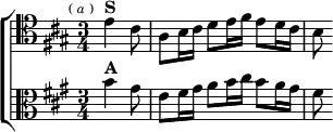 \new ChoirStaff <<
\new Staff \relative e' { \clef tenor \key a \major \time 3/4 \partial 4. \mark \markup \tiny { ( \italic a ) }
e4^\markup \bold "S" cis8 |
a b16 cis d8 e16 fis e8 d16 cis | b8 }
\new Staff \relative b' { \clef alto \key a \major
b4^\markup \bold "A" gis8 |
e fis16 gis a8 b16 cis b8 a16 gis | fis8 } >>