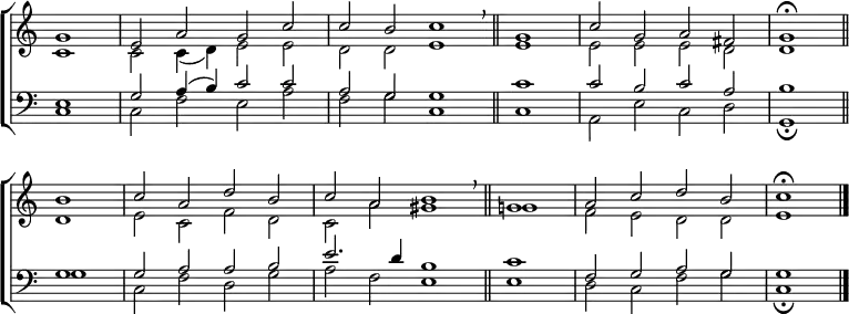 \new ChoirStaff <<
\new Staff { \clef treble \time 4/2 \key c \major \partial 1 \set Staff.midiInstrument = "church organ" \omit Staff.TimeSignature \set Score.tempoHideNote = ##t \override Score.BarNumber #'transparent = ##t
\relative c''
<< { g1 | e2 a g c | c b c1 \breathe \bar"||"
\time 2/2 g1 | \time 4/2 c2 g a fis | g1 \fermata \bar"||" \break
b | c2 a d b | c a b1 \breathe \bar"||"
\time 2/2 g1 | \time 4/2 a2 c d b | c1 \fermata \bar"|." } \\
{ c,1 | 2 4( d) e2 e | d d e1 | e | e2 e e d | d1
d | e2 c f d | c a' gis1 | g! | f2 e d d | e1 } >>
}
\new Staff { \clef bass \key c \major \set Staff.midiInstrument = "church organ" \omit Staff.TimeSignature
\relative c
<< { e1 | g2 a4( b) c2 c | a g g1 | c | c2 b c a | b1
g | g2 a a b | e2. d4 b1 | c | f,2 g a g | g1 } \\
{ c,1 | c2 f e a | f g c,1 | c | a2 e' c d | g,1 \fermata
g' | c,2 f d g | a f e1 | e | d2 c f g | c,1 \fermata } >>
}
>>
\layout { indent = #0 }
\midi { \tempo 2 = 50 }