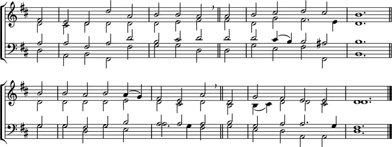 \new ChoirStaff <<
\new Staff { \clef treble \time 4/2 \key d \major \partial 2 \set Staff.midiInstrument = "church organ" \omit Staff.TimeSignature \set Score.tempoHideNote = ##t \override Score.BarNumber #'transparent = ##t
\relative c'
<< { fis2 | e d d' a | b b a \breathe \bar"||" a | b cis d cis | b1. \bar"||" \break
b2 | b a b a4( g) | fis2 e a \breathe \bar"||" d, | g fis e e | d1. \bar"|." } \\
{ d2 | cis d d d | d e fis fis | d g fis2. e4 | d1.
d2 | d d d e | d cis d b | b4( cis) d2 d cis | d1. } >>
}
\new Staff { \clef bass \key d \major \set Staff.midiInstrument = "church organ" \omit Staff.TimeSignature
\relative c'
<< { a2 | a fis a d | b cis d d | d cis4( b) b2 ais | b1.
g2 | g fis g b | a a a b | g a a2. g4 | fis1. } \\
{ d2 | a b fis fis' | g g d d | g e fis fis, | b1.
g'2 | g d g e | a2. g4 fis2 g | e d a a | d1. } >>
}
>>
\layout { indent = #0 }
\midi { \tempo 2 = 72 }
