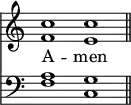 << <<
\new Staff { \clef treble \time 4/2 \key c \major \set Staff.midiInstrument = "church organ" \omit Staff.TimeSignature
\relative c'' { << { c1 c \bar"||" } \\ { f, e } >> }
}
\new Lyrics \lyricmode { A -- men }
\new Staff { \clef bass \key c \major \set Staff.midiInstrument = "church organ" \omit Staff.TimeSignature
\relative c' { << { a1 g } \\ { f1 c } >> }
}
>> >>
\layout { indent = #0 }
\midi { \tempo 2 = 80 }