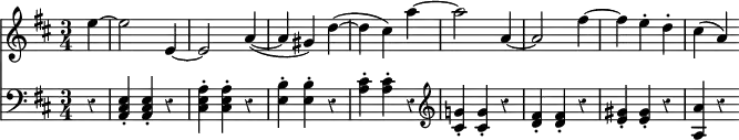 { \override Score.Rest #'style = #'classical \time 3/4 \partial 4 << { \key d \major \relative c'' { e4 ~ | e2 e,4 ~ | e2 a4( ~ | a gis) d'( ~ | d cis) a' ~ | a2 a,4 ~ | a2 fis'4 ~ | fis e-. d-. | cis( a) } }
\new Staff { \clef bass \key d \major \relative c
{ r4 | <e cis a>-. <e cis a>-. r | <a e cis>-. <a e cis>-. r | <b e,>-. <b e,>-. r | <cis a>-. <cis a>-. r | \clef treble <g'! cis,>-. <g cis,>-. r | <fis d>-. <fis d>-. r | <gis e>-. <gis e>-. r | <a a,> r } } >> }