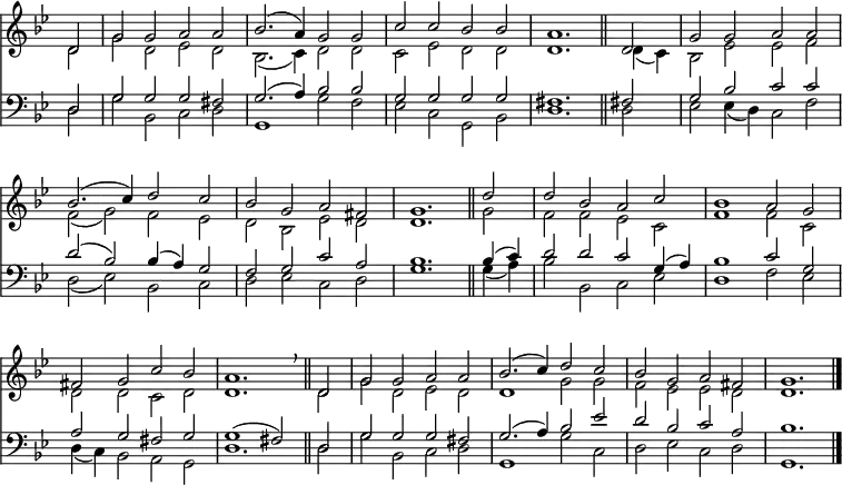 << <<
\new Staff { \clef treble \time 4/2 \key g \minor \partial 2 \set Staff.midiInstrument = "church organ" \omit Staff.TimeSignature \set Score.tempoHideNote = ##t \override Score.BarNumber #'transparent = ##t
\relative c'
<< { d2 | g g a a | bes2.( a4) g2 g | c c bes bes | a1. \bar"||"
d,2 | g g a a | \break bes2.( c4) d2 c | bes g a fis | g1. \bar"||"
d'2 | d bes a c | bes1 a2 g | \break fis g c bes | a1. \breathe \bar"||"
d,2 | g g a a | bes2.( c4) d2 c | bes g a fis | g1. \bar"|." } \\
{ d2 | g d es d | bes2.( c4) d2 d | c es d d | d1. d4( c) | bes2 es es f
f( g) f es | d bes es d | d1. g2 | f f es c | f1 2 c |
d d c d | d1. 2 | g d es d | d1 g2 g | f es es d | d1. } >>
}
\new Staff { \clef bass \key g \minor \set Staff.midiInstrument = "church organ" \omit Staff.TimeSignature
\relative c
<< { d2 | g g g fis | g2.( a4) bes2 2 | g g g g | fis1. fis!2 | g bes c c
d( bes) bes4( a) g2 | f g c a | bes1. 4( c) | d2 d c g4( a) | bes1 c2 g
a g fis g | g1( fis2) d | g g g fis | g2.( a4) bes2 es | d bes c a | bes1. } \\
{ d,2 | g bes, c d | g,1 g'2 f | es c g bes | d1. 2 | es es4( d) c2 f
d( es) bes c | d es c d | g1. 4( a) | bes2 bes, c es | d1 f2 es
d4( c) bes2 a g | d'1. 2 | g bes, c d | g,1 g'2 c, | d es c d | g,1. } >>
}
>> >>
\layout { indent = #0 }
\midi { \tempo 2 = 76 }