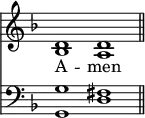 << <<
\new Staff { \clef treble \time 4/2 \key d \minor \set Staff.midiInstrument = "church organ" \omit Staff.TimeSignature
\relative c' { << { d1 d \bar"||" } \\ { bes a } >> }
}
\new Lyrics \lyricmode { A -- men }
\new Staff { \clef bass \key d \minor \set Staff.midiInstrument = "church organ" \omit Staff.TimeSignature
\relative c' { << { g1 fis } \\ { g,1 d' } >> }
}
>> >>
\layout { indent = #0 }
\midi { \tempo 2 = 66 }