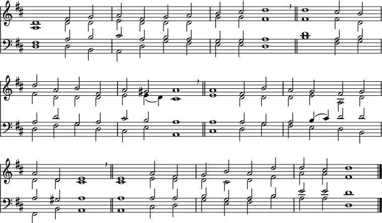 << <<
\new Staff { \clef treble \time 4/2 \key d \major \set Staff.midiInstrument = "church organ" \omit Staff.TimeSignature \set Score.tempoHideNote = ##t \override Score.BarNumber #'transparent = ##t
\relative c'
<< { d1 fis2 g | a fis g a | b cis d1 \breathe \bar"||" d cis2 b \break
d2 a b fis | a gis a1 \breathe \bar"||" a fis2 b | a g fis g \break
a d, e1 \breathe \bar"||" e a2 fis | g b a d | d cis d1 \bar"|." } \\
{ a,1 d2 d | e d d d | g g fis1 | 1 2 d
fis d d d | e e4( d) cis1 | e d2 d | d e a, d
d d cis1 | 1 e2 d | d cis d fis | a a fis1 } >>
}
\new Staff { \clef bass \key d \major \set Staff.midiInstrument = "church organ" \omit Staff.TimeSignature
\relative c
<< { fis1 a2 b | cis a b a | g g a1 | d a2 b
a d g, a | cis b a1 | a a2 g | a b4( cis) d2 d
a gis a1 | a a2 a | b g a b | e e d1 } \\
{ d,1 2 b | a d g fis | e e d1 | b' fis2 g
d fis g d | cis e a,1 | cis d2 g | fis e d b
fis b a1 | a cis2 d | g e fis b | a a d,1 } >>
}
>> >>
\layout { indent = #0 }
\midi { \tempo 2 = 72 }