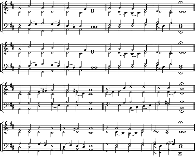 \new ChoirStaff <<
\new Staff { \clef treble \time 4/2 \key d \major \set Staff.midiInstrument = "church organ" \omit Staff.TimeSignature \set Score.tempoHideNote = ##t \override Score.BarNumber #'transparent = ##t
\relative c''
<< { a2 d a b | a2. g4 fis1 \bar"||" a2 a g fis | e e d1\fermata \bar"||" \break
a'2 d a b | a2. g4 fis1 \bar"||" a2 a g fis | e e d1\fermata \bar"||" \break
e2 e fis4( gis) a2 | a gis a1 \bar"||" b2. cis4 d2 d | cis cis b1 \fermata \bar"||" \break
fis2 fis b a | a gis a1 \bar"||" b2 a g fis | e e d1 \fermata \break
\bar"|." } \\
{ d2 d d d | d cis d1 | d2 d4( cis) b( cis) d2 | d cis d1
d2 d d d | d cis d1 | d2 d4( cis) b( cis) d2 | d cis d1
cis2 cis d cis | fis e4( d) cis1 | e4( fis) g2 fis fis | fis fis4( e) d1
d2 d d cis | d d cis1 | d2 d4( cis) b( cis) d2 | d cis d1 } >>
}
\new Staff { \clef bass \key d \major \set Staff.midiInstrument = "church organ" \omit Staff.TimeSignature
\relative c
<< { fis2 fis4( g) a2 g4( fis) | e( d) e2 d1 | fis2 fis g a | b a fis1
fis2 fis4( g) a2 g4( fis) | e( d) e2 d1 | fis2 fis g a | b a fis1
a2 a a a | b b a1 | g2. a4 b2 b | b ais b1
a2 a g4( fis) e2 | d4( fis) e( d) e1 | g2 fis g a | b a4( g) fis1 } \\
{ d2 b fis g | a a d1 | d2 d e fis | g4( e) a2 d,1 \fermata
d2 b fis g | a a d1 | d2 d e fis | g4( e) a2 d,1 \fermata
a2 a d fis4( e) | d2 e a,1 | e'2 e b4( cis) d( e) | fis2 fis b,1 \fermata
d2 d g, a | b b a1 | g2 d' e fis | g4( e) a2 d,1 } \\
\teeny \stemDown \shiftOff { s1 s | s s | s s | s s
s s | s s | s s | s s
s s | s s | s s | s s
s s | s s | s s | g,4_( e) a2 d,1 _\fermata } >>
}
>>
\layout { indent = #0 }
\midi { \tempo 2 = 66 }