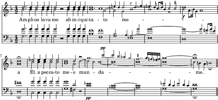 { \override Score.Rest #'style = #'classical << \new Staff << \time 4/2 \key d \minor
  \new Voice { \relative d'' { \stemUp d2. d4 d2 d4 d | d2 r d4 d d d
    d1 c | \tiny ees4 d d2 r4 d2 f4 | ees4. d8 c8. d16 bes4 c2 \once \set suggestAccidentals = ##t cis |
    d\breve | d\fermata | \normalsize ees2 ees4 ees ees2 ees |
    d1 d2 \tiny r | g1. c2^\pp ~ | c bes aes g | \once \set suggestAccidentals = ##t fis1.. g16 f ees f |
    g\breve ~ | g\fermata \bar "||" } }
  \new Voice = "altus" { \relative b' { \stemDown bes2. bes4 bes2 bes4 bes | bes2 r bes4 bes bes bes |
     bes1. a2 ~ | \tiny a g bes1 ~ | bes r |
     bes2\f a8. bes16 g4 a1 | a\breve | \normalsize c2 c4 c c2 c |
     bes1 a2 \tiny d ~ | d c c1 _~ | c\breve _~ | c _~ | c _~ | c2 b4 a b!1_\fermata } }
>>
\new Lyrics \lyricsto "altus" { Am -- pli -- us la -- va me ab in -- i -- qui -- ta -- te me -- _ _ _ _ _ _ a Et a pec -- ca -- to me -- o mun -- _ da -- me. }
\new Staff << \clef bass \key d \minor 
  \new Voice { \relative g' { \stemUp g2. g4 g2 g4 g | g2 r g4 g g g |
    f1 f | \tiny bes,2. a4 g2 g' | g\breve ~ |
    g1 ~ g2 fis8. g16 e4 | fis\breve | \normalsize g2 g4 g g2 g |
    g1 d2 \tiny r | ees\breve\pp | c ~ c |
    ees2 d4 c ees2 d4 c d\breve } }
  \new Voice { \stemDown g2. g4 g2 g4 g | g2 r g4 g g g |
    bes1 f | \tiny g ees ~ | ees\breve |
    d\breve | d_\fermata | \normalsize c2 c4 c c2 c |
    g1 fis2 \tiny r | c'\breve aes _~ aes |
    g _~ g_\fermata } >>
>> }
