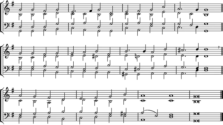 \new ChoirStaff <<
\new Staff { \clef treble \time 4/2 \key g \major \set Staff.midiInstrument = "church organ" \omit Staff.TimeSignature \set Score.tempoHideNote = ##t \override Score.BarNumber #'transparent = ##t \override Staff.NoteHead.style = #'altdefault
\relative c''
<< { g2 g fis g | e2. fis4 g2 d | e fis g c | a2. g4 g1 \bar"||" \break
g2 g fis g | g a b fis | b2. b4 a2 d | cis2. d4 d1 \breathe \bar"||" \break
a2 g fis d | e fis g b | a1 a | g \breve \bar"|." } \\
{ b,2 b c d | c c b b | c c b e | d c b1 |
b2 c d d | e e dis dis | e d! d fis | e2. d4 d1 |
c2 b a d | d c b d | c1 c | b \breve } >>
}
\new Staff { \clef bass \key g \major \set Staff.midiInstrument = "church organ" \omit Staff.TimeSignature \override Staff.NoteHead.style = #'altdefault
\relative c
<< { d2 d d g | g a d, g | g a g g | g fis g1 |
g2 g a g | g e fis b | e, eis fis a | g2. fis4 fis1 |
fis2 g a b | b a g gis | a( e) fis1 | g \breve } \\
{ g,2 g a b | c a g g | c a e' c | d2. d4 g,1 |
e'2 e d b | c c b b | gis gis a a | a2. d4 d1 |
d2 d d b | c d e e | a,1 d | g, \breve } >>
}
>>
\layout { indent = #0 }
\midi { \tempo 2 = 69 }