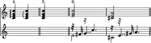 { \override Score.TimeSignature #'stencil = ##f \time 2/4 << \relative c' { <c e g c>4\arpeggio^"4." | \arpeggioParenthesis <c e g c>\arpeggio \bar "||" <c e g c>^"5." s4 \bar "||" <e g c>2^"6." | <cis e a> \bar "||" }
\new Staff { \relative c'' { s2 | s2 | << { r16 r c4. | r16 r32 gis32 a4. | } \\ { e2 | cis2 } \\ { r32 fis32 g4.. r16 e4.. } >> } } >> }