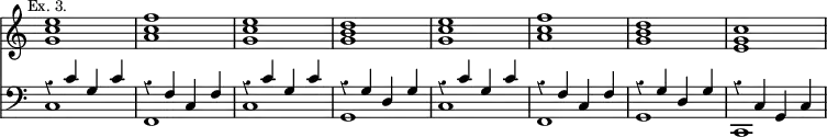 { << \new Staff \relative e'' { \time 4/4 \override Score.TimeSignature #'stencil = ##f \override Score.Rest #'style = #'classical \mark \markup \small "Ex. 3."
<e c g>1 <f c a> <e c g> <d b g> <e c g> <f c a> <d b g> <c g e> }
\new Staff \relative c' { \clef bass
<< { r4 c g c | r f, c f | r c' g c | r g d g | %end line 1
r c g c | r f, c f | r g d g | r c, g c } \\
{ c1 f, c' g c f, g c, } >> } >> }