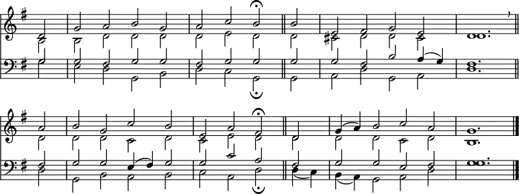 << <<
\new Staff { \clef treble \time 4/2 \key g \major \partial 2 \set Staff.midiInstrument = "church organ" \omit Staff.TimeSignature \set Score.tempoHideNote = ##t \override Score.BarNumber #'transparent = ##t
\relative c'
<< { d2 | g a b g | a c b \fermata \bar"||" b | e, fis g e | d1. \breathe \bar"||" \break
a'2 | b g c b | e, a fis \fermata \bar"||" d | g4( a) b2 c a | g1. \bar"|." } \\
{ b,2 | b d d d | d e d d| cis d d cis | d1.
d2 | d d c d | c e d d | d d c d | b1. } >>
}
\new Staff { \clef bass \key g \major \set Staff.midiInstrument = "church organ" \omit Staff.TimeSignature
\relative c'
<< { g2 | g fis g g | fis g g g | g fis b a4( g) | fis1.
fis2 | g g e4( fis) g2 | g c a fis | g g e fis | g1. } \\
{ g2 | e d g, b | d c g \fermata g | a d g, a | d1.
d2 | g, b a b | c a d \fermata d4( c) | b( a) g2 a d | g1. } >>
}
>> >>
\layout { indent = #0 }
\midi { \tempo 2 = 69 }